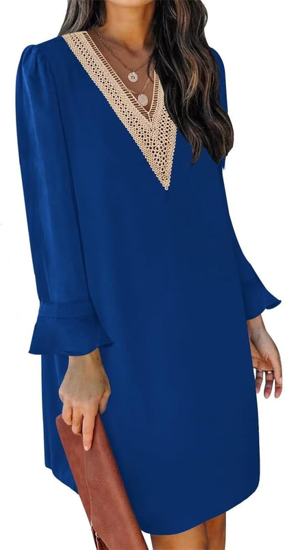 QACOHU Fall Dresses for Women 2025 Casual V Neck Long Sleeves Flowy Mini Tunic Dress