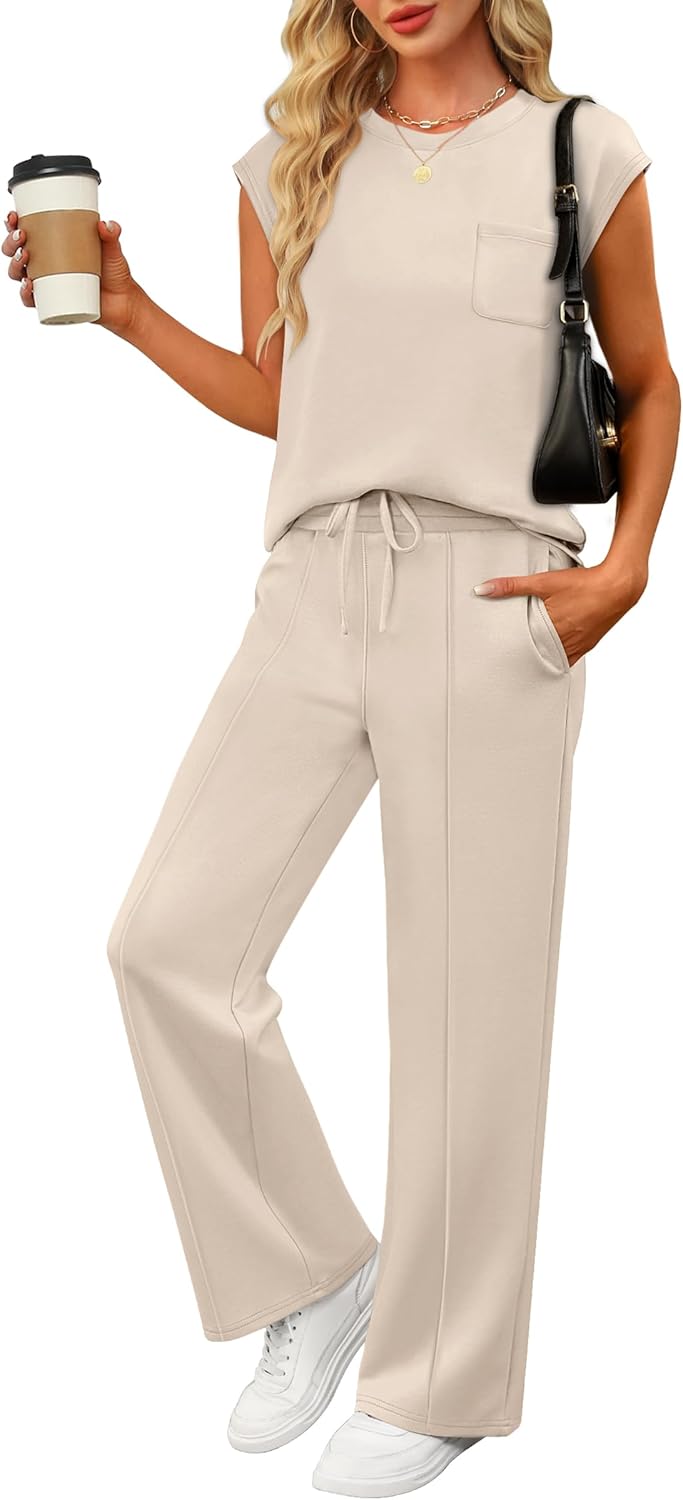 ANRABESS Two Piece Sets for Women Summer Sleeveless Sweatsuits Wide Leg Casual Lounge Set Matching Vacation Travel Outfits