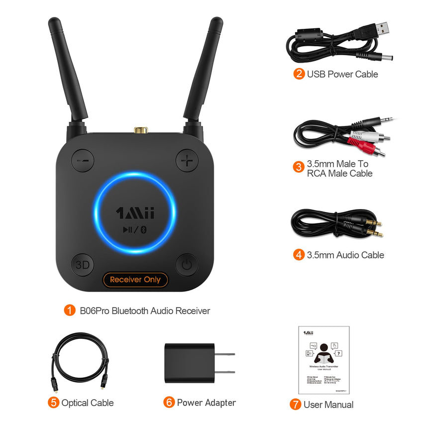 [Upgraded] 1Mii B06Pro Long Range Bluetooth Receiver, HiFi Wireless Audio Adapter, Bluetooth 5.1 Receiver with 3D Surround aptX HD Low Latency Optical RCA AUX 3.5mm Coaxial for Home Stereo System