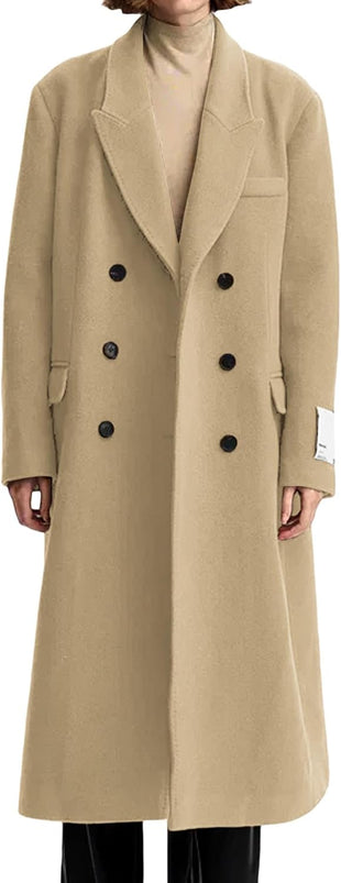Mina Self Long Wool Coat Women 2025 Fall Winter Notch Lapel Double Breasted Full-Lined Business Casual with Pockets Pea Coats