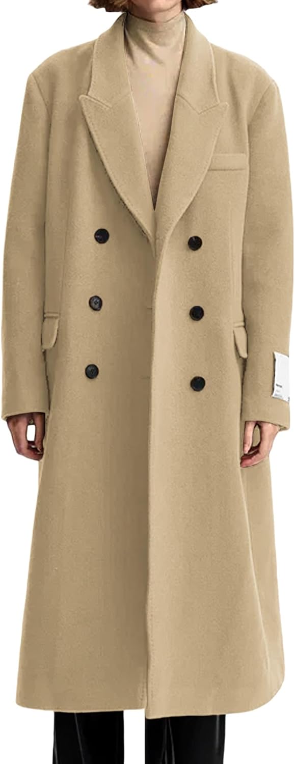 Mina Self Long Wool Coat Women 2025 Fall Winter Notch Lapel Double Breasted Full-Lined Business Casual with Pockets Pea Coats