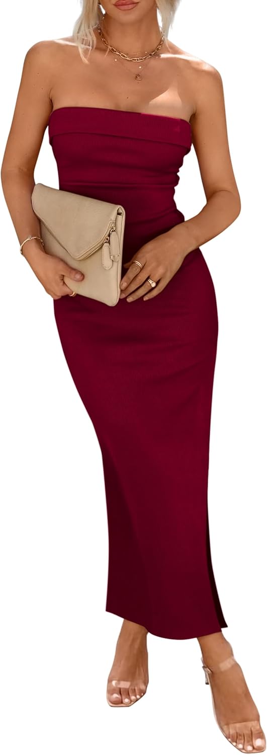 PRETTYGARDEN Women's Summer Bodycon Maxi Tube Dress Ribbed Strapless Side Slit Long Going Out Casual Elegant Party Dresses