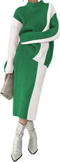 Pink Queen Women's 2 Piece Outfits 2025 Fall Winter Sweater Skirt Set Long Sleeve Oversized Top High Waist Color Block Dress