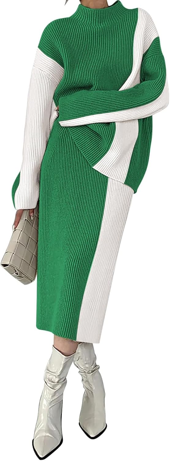 Pink Queen Women's 2 Piece Outfits 2025 Fall Winter Sweater Skirt Set Long Sleeve Oversized Top High Waist Color Block Dress