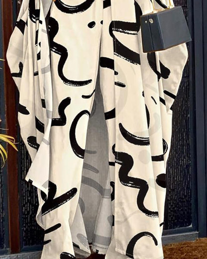 CHICME Women's 2 Piece Outfits 2025 Abstract Print Batwing Sleeve V Neck Top with High Slit and Loose Wide Leg Pants Set