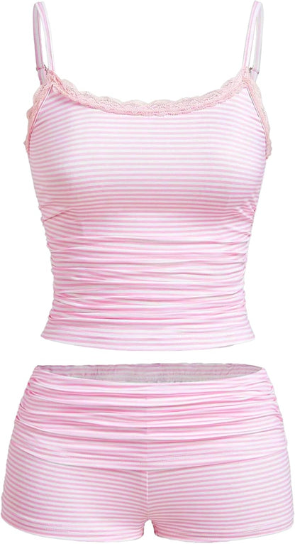 Hilinker Womens Sexy Pajama Set Ruched Lace Trim Cami and Shorts Summer Cute Pjs 2 Piece