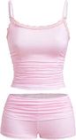 Hilinker Womens Sexy Pajama Set Ruched Lace Trim Cami and Shorts Summer Cute Pjs 2 Piece