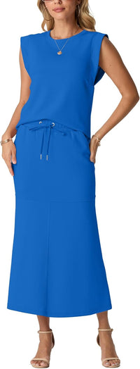 GRECERELLE Women Summer 2 Piece Sets Round Neck Wrinkle-Free Top & Elastic Waist Midi Fishtail Skirt with Pockets(XS-3XL)