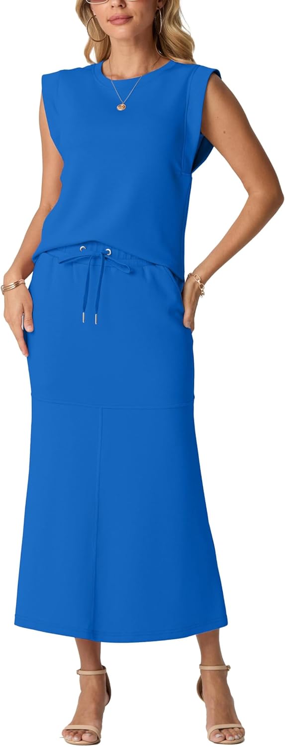 GRECERELLE Women Summer 2 Piece Sets Round Neck Wrinkle-Free Top & Elastic Waist Midi Fishtail Skirt with Pockets(XS-3XL)