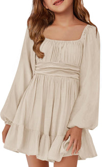 Batermoon Girls Long Sleeve Tie Back Dress Kids Fall Square Neck A-Line Mini Dresses 5-14 Years