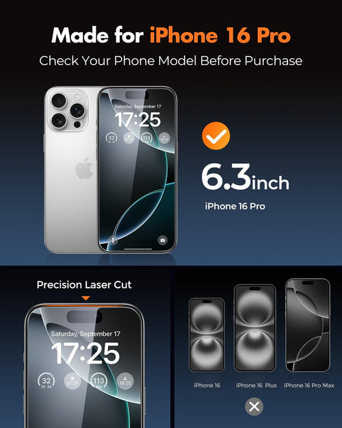 UNBREAKcable for iPhone 16 Pro Screen Protector 4+2 Pack [9H+ Military-Grade Shatterproof] [Effortless Bubble-Free Installation] Ultra HD Clarity Tempered Glass with Lens Protector, Case friendly