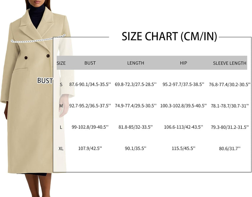 Mina Self Long Wool Coat Women 2025 Fall Winter Notch Lapel Double Breasted Full-Lined Business Casual with Pockets Pea Coats