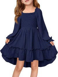 Haloumoning Girls Lantern Long Sleeve Dresses Kids Square Neck High Low Hem Smocked Fall Dress 5-14 Years
