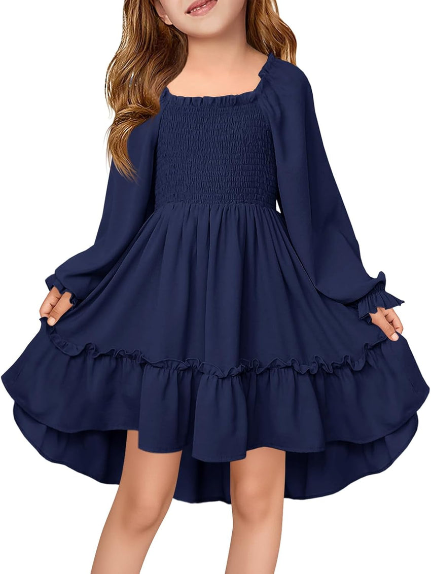 Haloumoning Girls Lantern Long Sleeve Dresses Kids Square Neck High Low Hem Smocked Fall Dress 5-14 Years