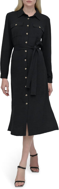 DKNY Womens Long Sleeve Collared Tie Midi Shirtdress