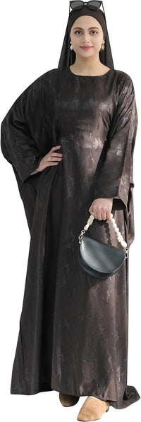 Elegant Eid Clothes Women Muslim Glossy Batwing Sleeve Abaya Ramadan Prayer Dress with Belt