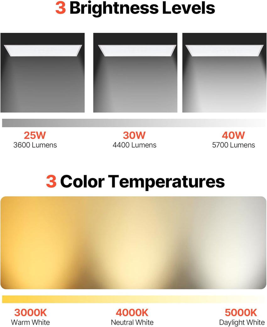 VEVOR 1x4 FT LED Flat Panel Light, 5700 LM, Flush Mount LED Drop Ceiling Lighting Fixture with 3 Color Selectable 3000K/4000K/5000K, 25W/30W/40W, 0-10V Dimmable, Ultra Slim for Home Kitchen, 2 Pack