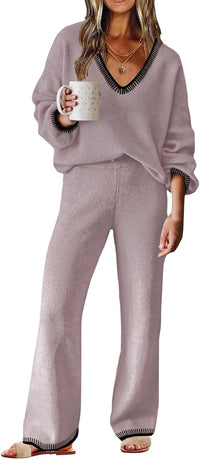 ETCYY NEW Womens 2 Piece Outfits Sweater Lounge Set Casual V Neck Knit Pajama Set Long Sleeve Top Wide Leg Pants Loungewear