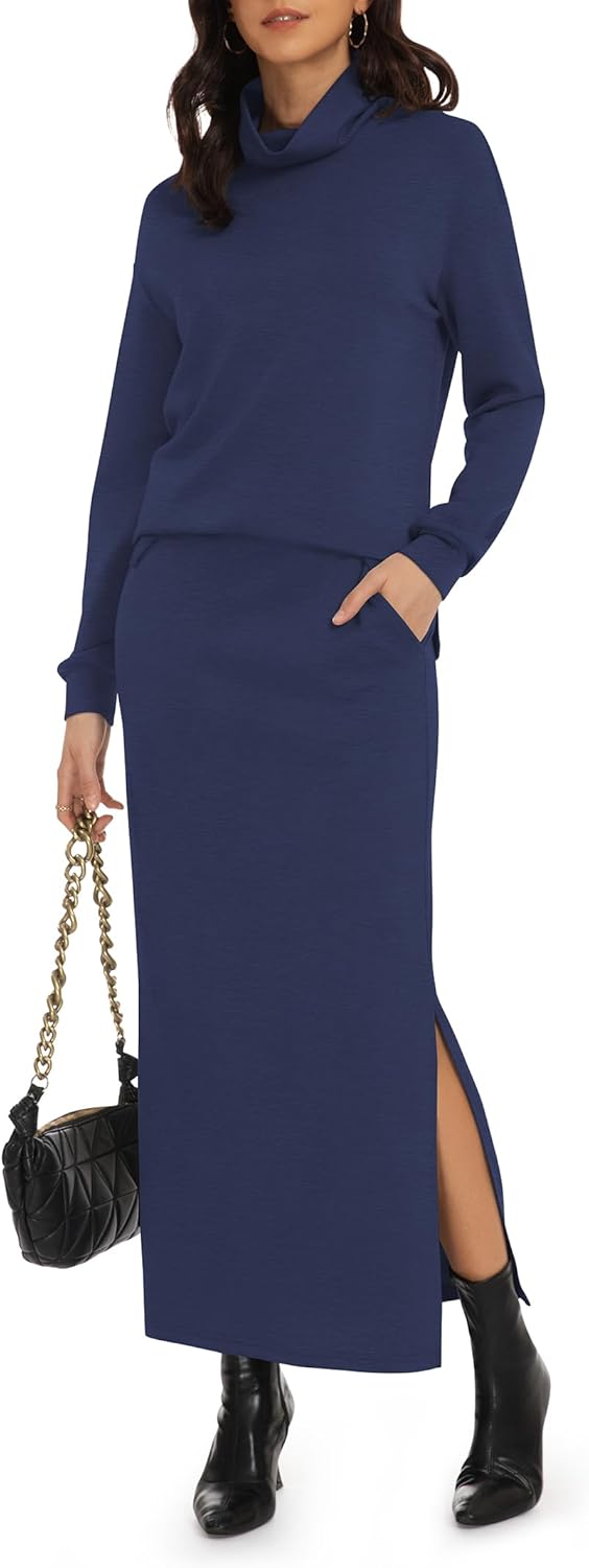 Casly Lamiit Women's 2 Piece Skirt Set Turtleneck Tops Long Skirt Matching Outfits with Pockets Fall Loungewear