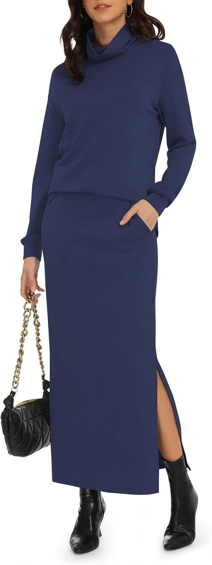 Casly Lamiit Women's 2 Piece Skirt Set Turtleneck Tops Long Skirt Matching Outfits with Pockets Fall Loungewear