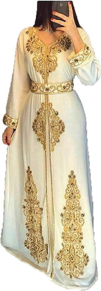 Moroccan White Dubai Kaftans Abaya Dress Very Fancy Long Modern Farasha Gown Islamic Dress