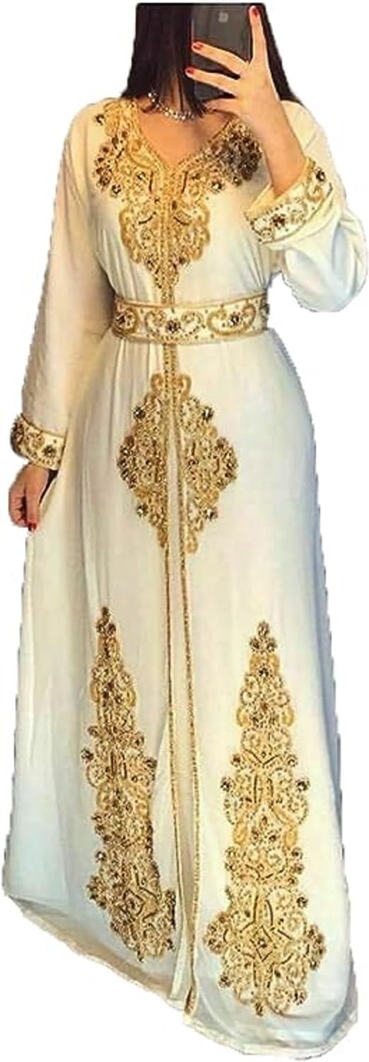 Moroccan White Dubai Kaftans Abaya Dress Very Fancy Long Modern Farasha Gown Islamic Dress