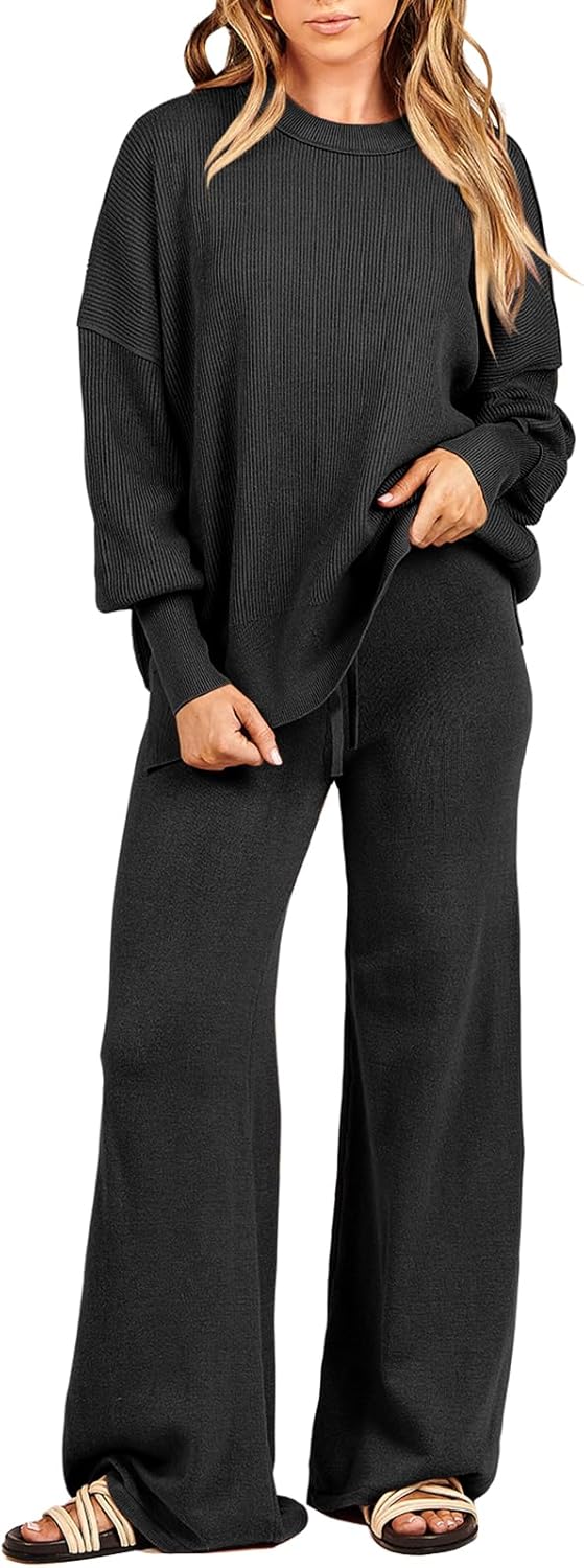 ANRABESS Womens 2 Piece Outfits Fall Lounge Set 2025 Oversized Chunky Knit Sweater Top Wide Leg Pants Loungewear Clothes