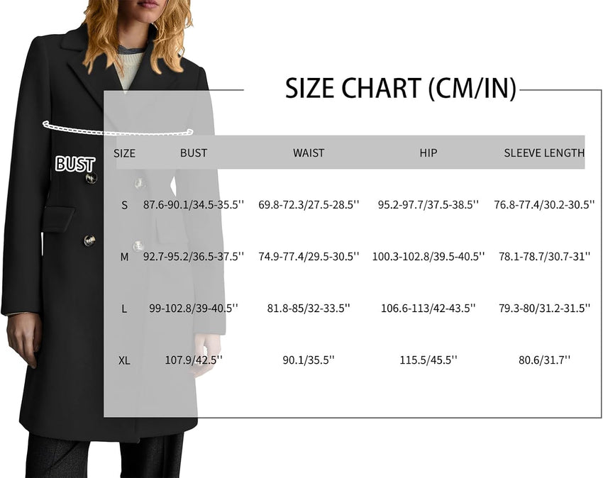 Mina Self Long Wool Coat Women 2025 Fall Winter- Double Breasted Notch Lapel Business Work Casual with Pockets Pea Coats