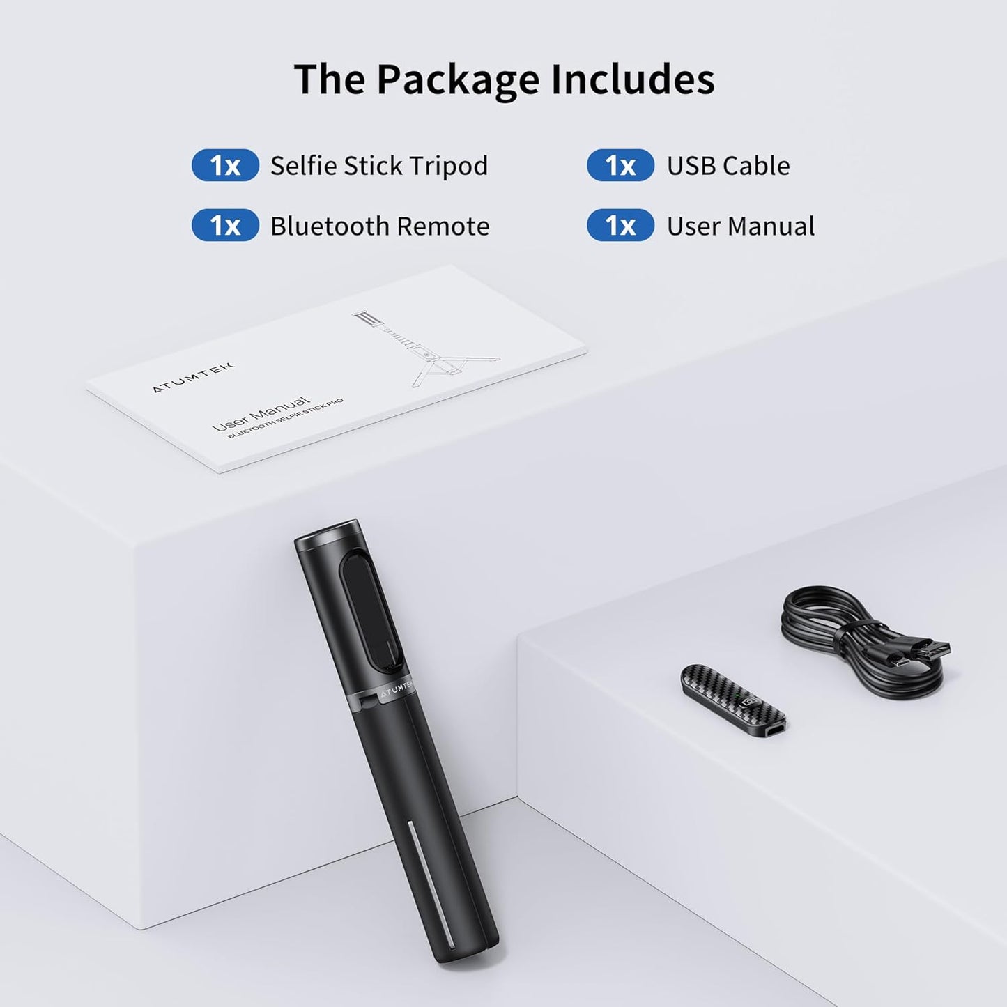ATUMTEK Selfie Stick Tripod, 3-in-1 Extendable Aluminum Phone Tripod with Detachable Bluetooth Remote, Compatible with iPhone 17/16/15/14/13/12/11/11 Pro/XS Max/XR and Samsung Smartphones, Black