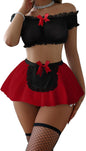Sexy Stockings Mini Skirt Mesh Sheer Lace Halloween Costume Maid Outfit Lingerie with Thong Set 4 Piece