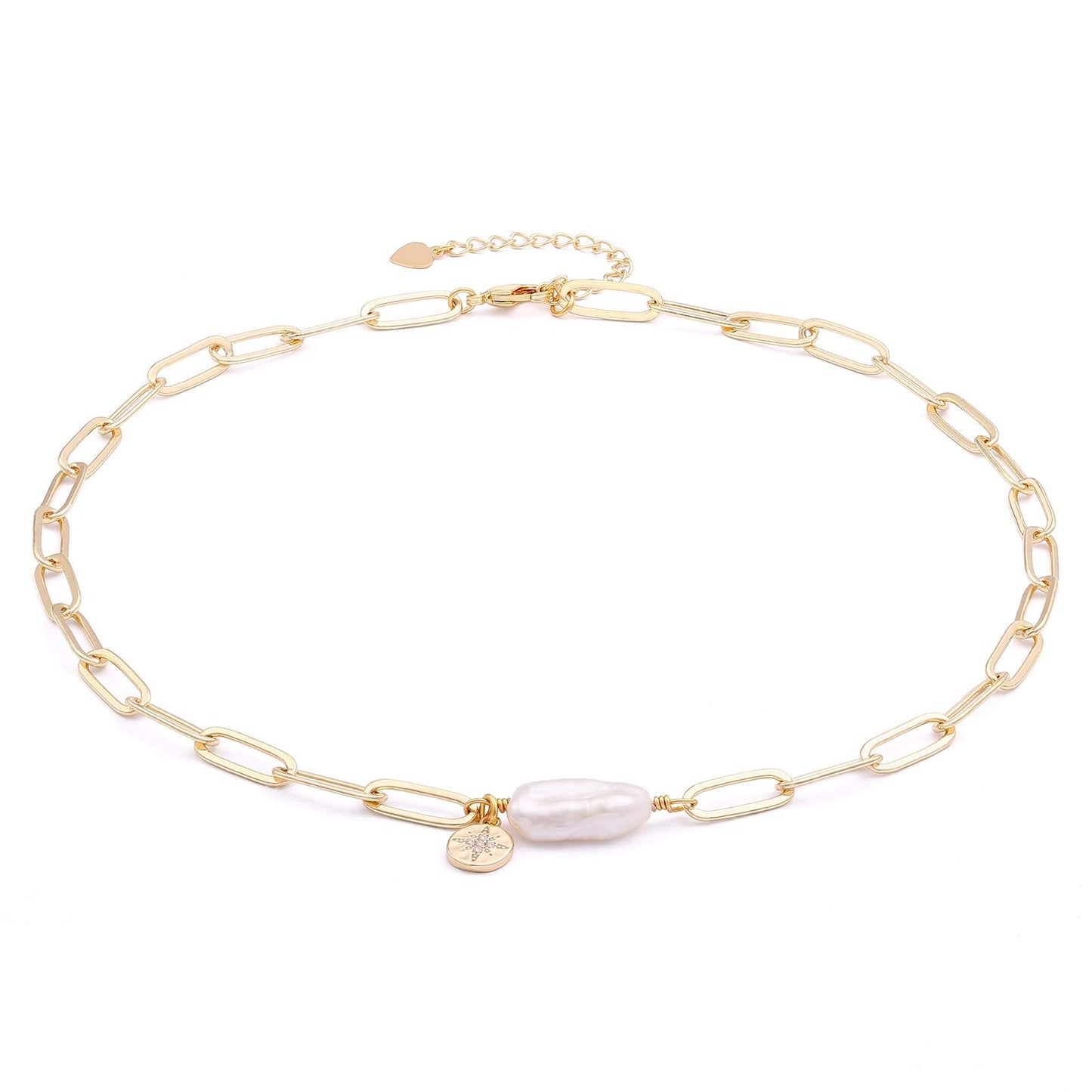 Aobei Pearl 18K Gold Plated Paperclip Chain Choker Satellite Chain Freshwater Cultured Biwa Pearl Pendant Necklace Dainty Turquoise Jewelry for Women