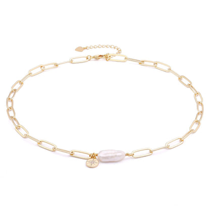 Aobei Pearl 18K Gold Plated Paperclip Chain Choker Satellite Chain Freshwater Cultured Biwa Pearl Pendant Necklace Dainty Turquoise Jewelry for Women