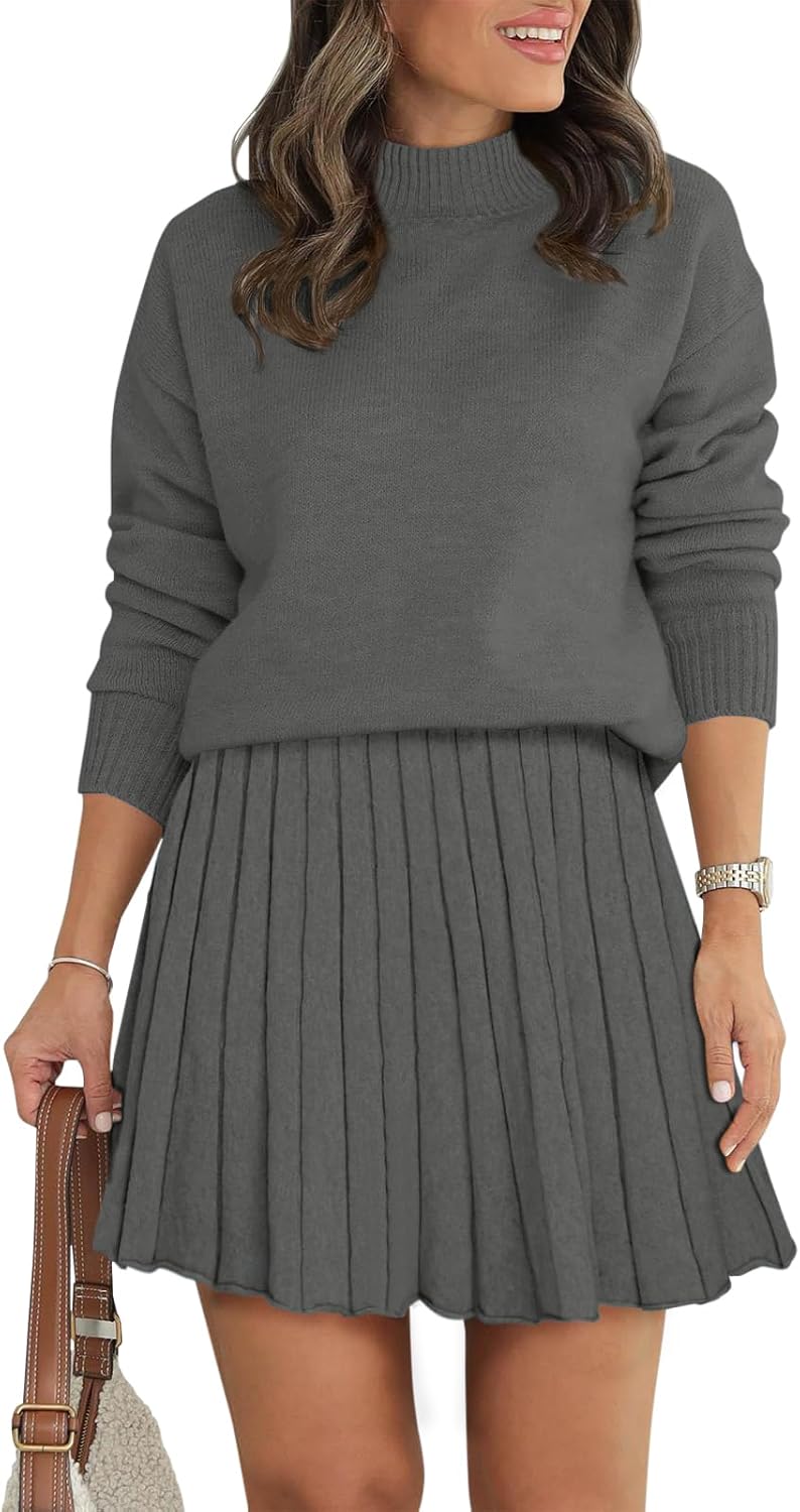 Women's Two Piece Outfits Turtleneck Long Sleeve Ribbed Knit Tops Pleated Mini Skirt 2025 Casual Sweater Sets