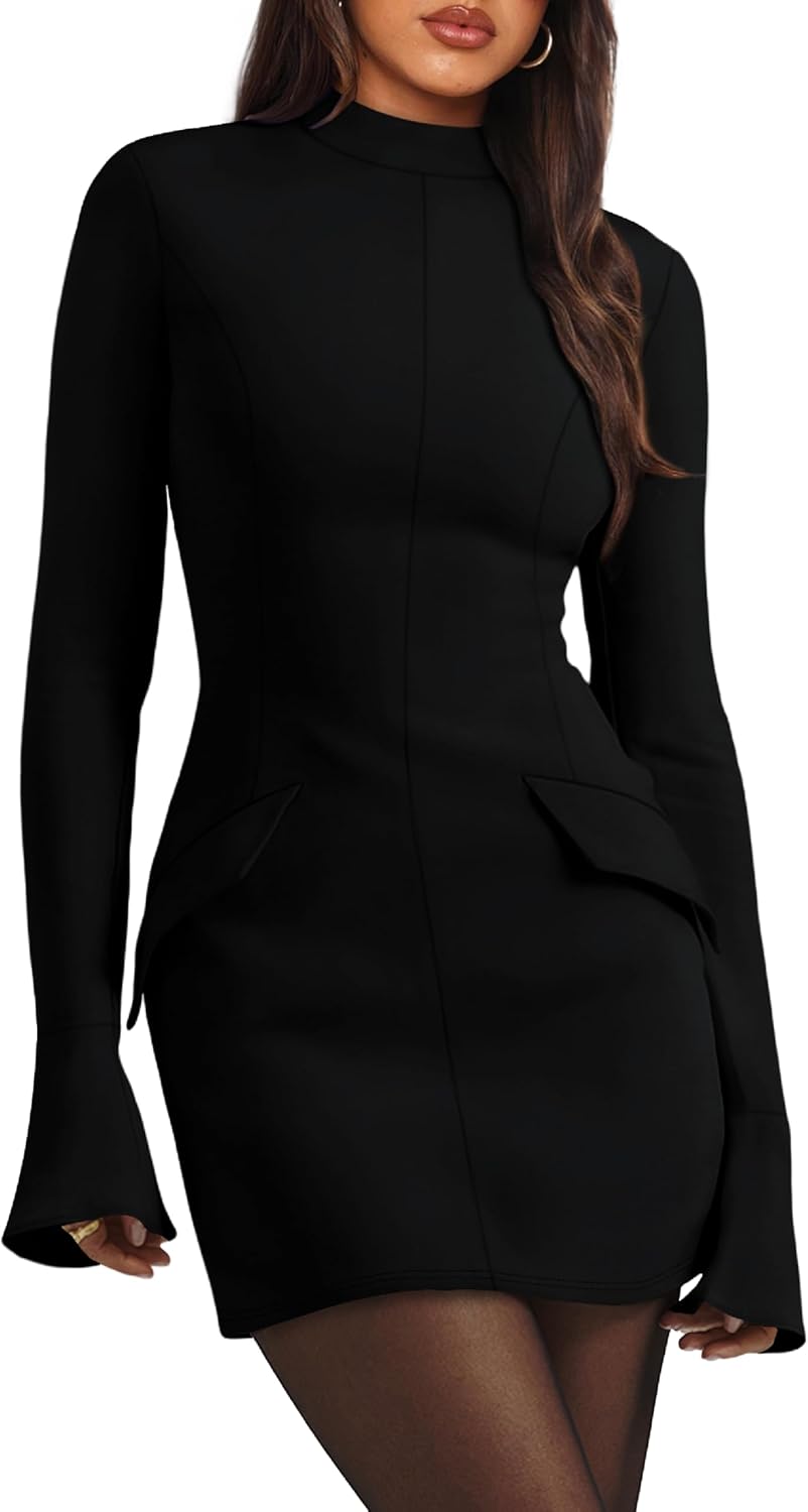 OFEEFAN Women's Fall Long Sleeve Mock Neck Dress Basic Party Club Bodycon Mini Dresses