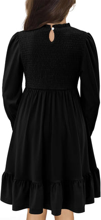 Yoklass Girls Smocked Dress Casual Puff Long Sleeve Ruffle Neck Dresses 4-13 Years