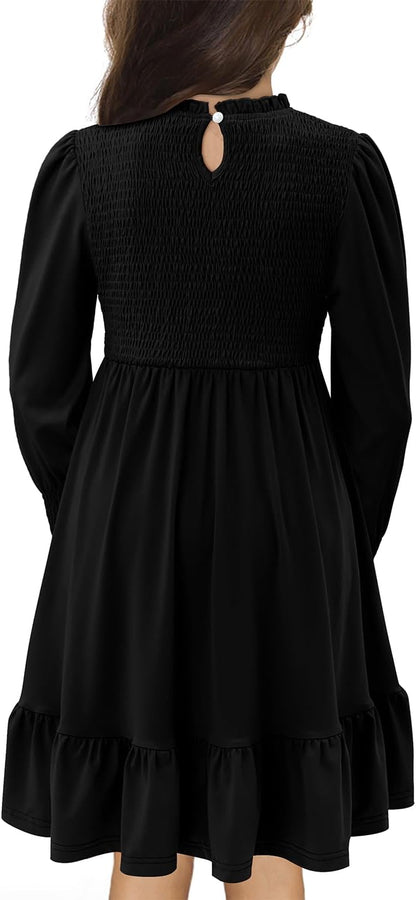 Yoklass Girls Smocked Dress Casual Puff Long Sleeve Ruffle Neck Dresses 4-13 Years
