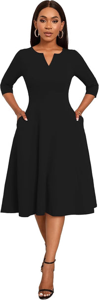 Nmoder Midi Dresses for Women A-Line Fit and Flare Dress 3/4 Sleeve V Neck Cocktail Wedding Guest Work Dress with Pockets