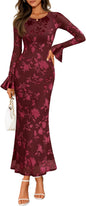 ZESICA Women's 2025 Bell Long Sleeve Floral Maxi Dress Fall Fashion Bodycon Mesh Wedding Guest Cocktail Party Dresses