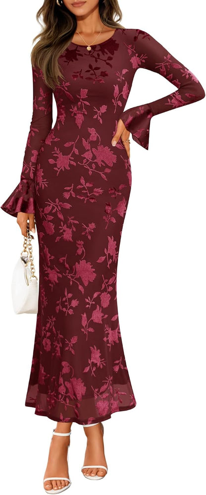 ZESICA Women's 2025 Bell Long Sleeve Floral Maxi Dress Fall Fashion Bodycon Mesh Wedding Guest Cocktail Party Dresses