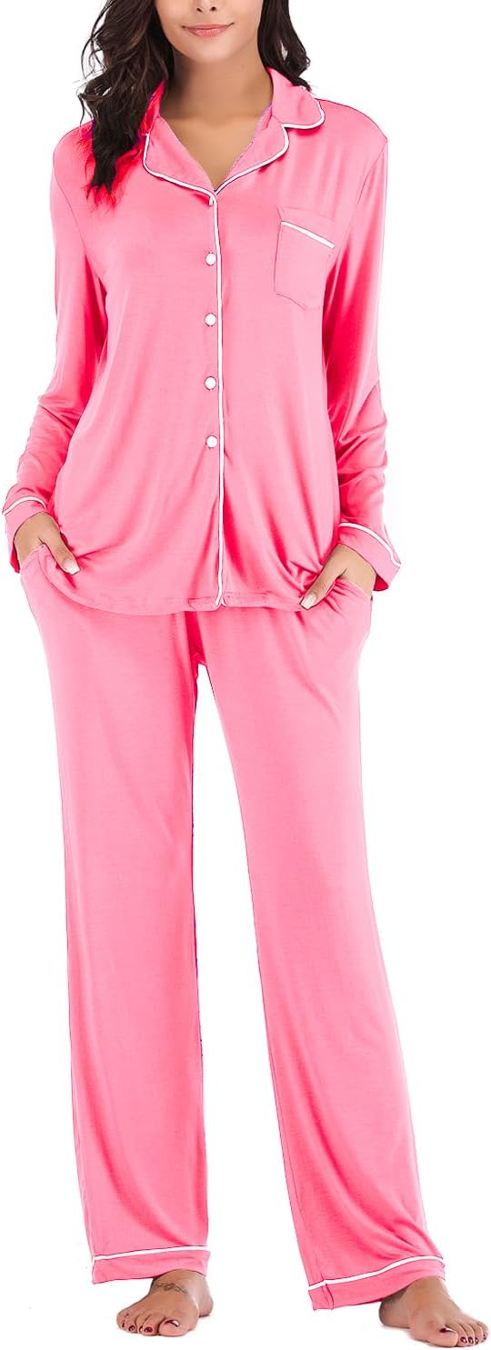 Aamikast Women's Pajama Sets Long Sleeve Button Down Sleepwear Nightwear Soft Pjs Lounge Sets