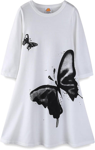 Mud Kingdom Girls Maxi Dress Long Sleeve Cotton Flared Butterfly Casual Spring Autumn A-Lined Dresses