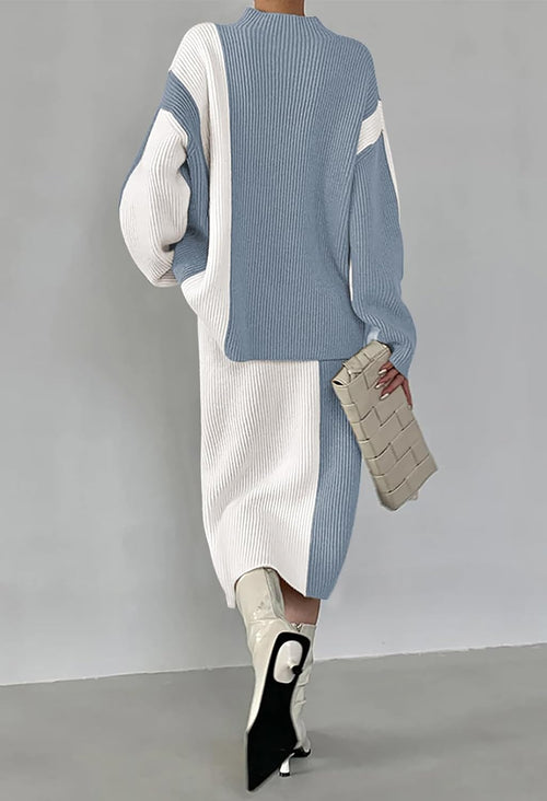 Pink Queen Women's 2 Piece Outfits 2025 Fall Winter Sweater Skirt Set Long Sleeve Oversized Top High Waist Color Block Dress