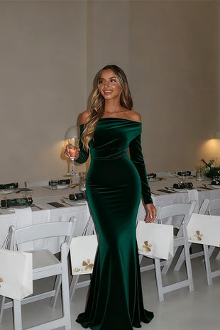 Off The Shoulder Velvet Formal Dresses Mermaid Long Sleeve Wedding Guest Dress Wrap Evening Dress