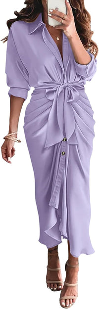 BTFBM Summer Dresses for Women 2025 Long Sleeve Lapel V Neck Button Down Elegant Belted Ruched Satin Shirt Fall Dress