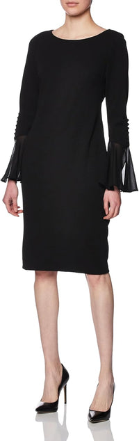 Calvin Klein Womens Chiffon Bell Sleeve Sheath Dress, Black, 6