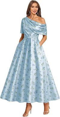 Tea Length Mother of Bride Dresses for Women Satin One Shoulder Wedding Guest Dress Formal Evening Party Gown with Pocket