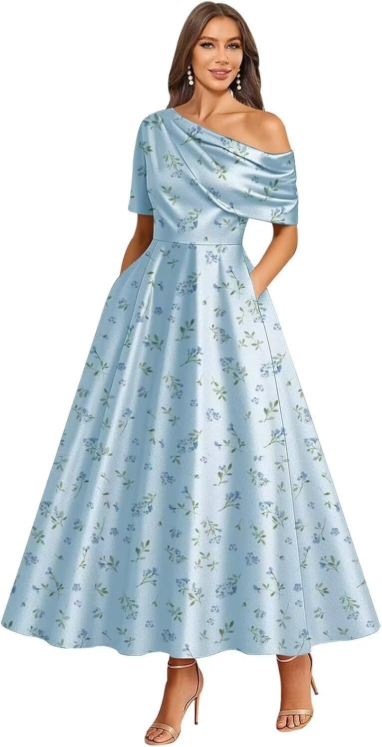 Tea Length Mother of Bride Dresses for Women Satin One Shoulder Wedding Guest Dress Formal Evening Party Gown with Pocket