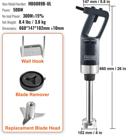 VEVOR 500W 12 Inch Heavy Duty Hand Mixer, Variable Speed Stick Mixer with 304 Stainless Steel Blade, Multi-Purpose Portable Mixer for Soup, Smoothie, Puree, Baby Food