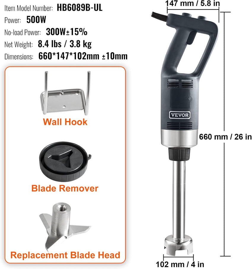 VEVOR 500W 12 Inch Heavy Duty Hand Mixer, Variable Speed Stick Mixer with 304 Stainless Steel Blade, Multi-Purpose Portable Mixer for Soup, Smoothie, Puree, Baby Food