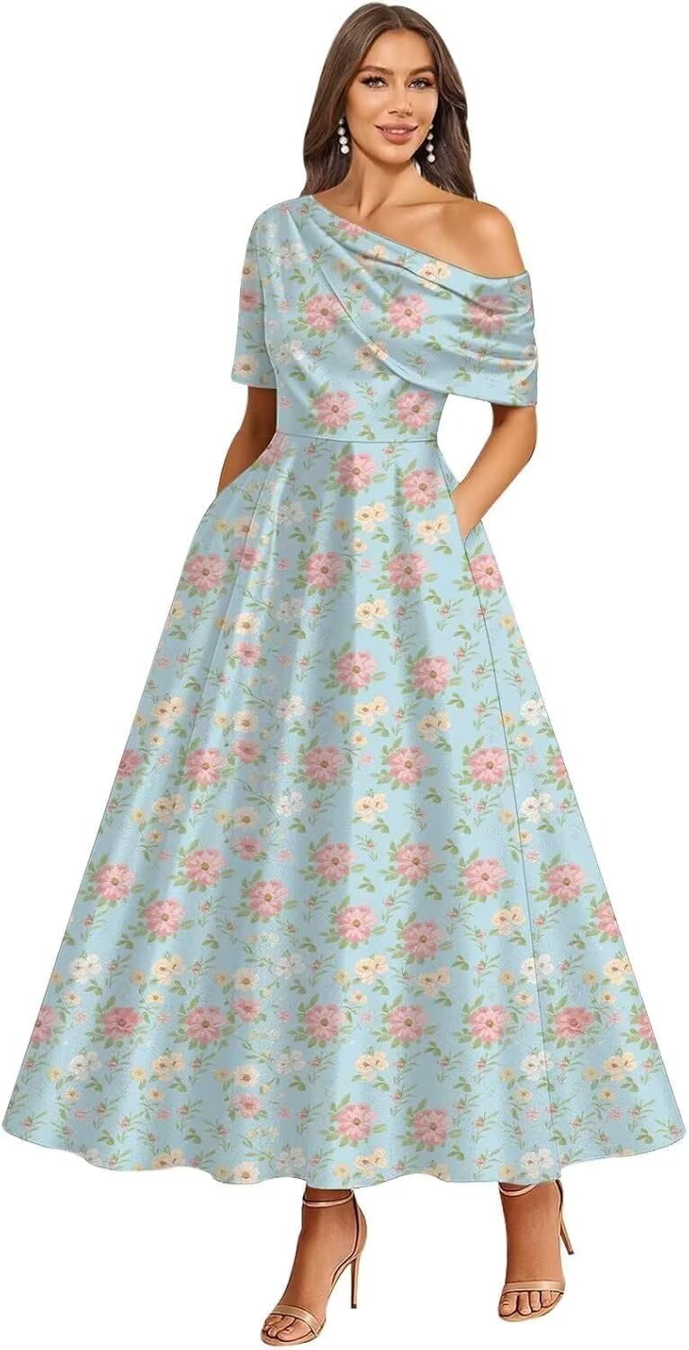 Tea Length Mother of Bride Dresses for Women Satin One Shoulder Wedding Guest Dress Formal Evening Party Gown with Pocket